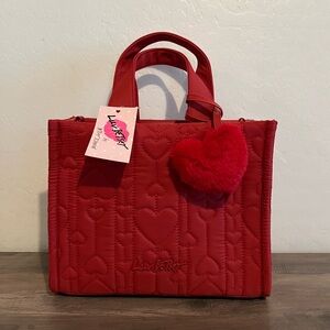 Luv Betsey Johnson Valentines Day Red Quilted Heart Tote Handbag w/ Heart Charm